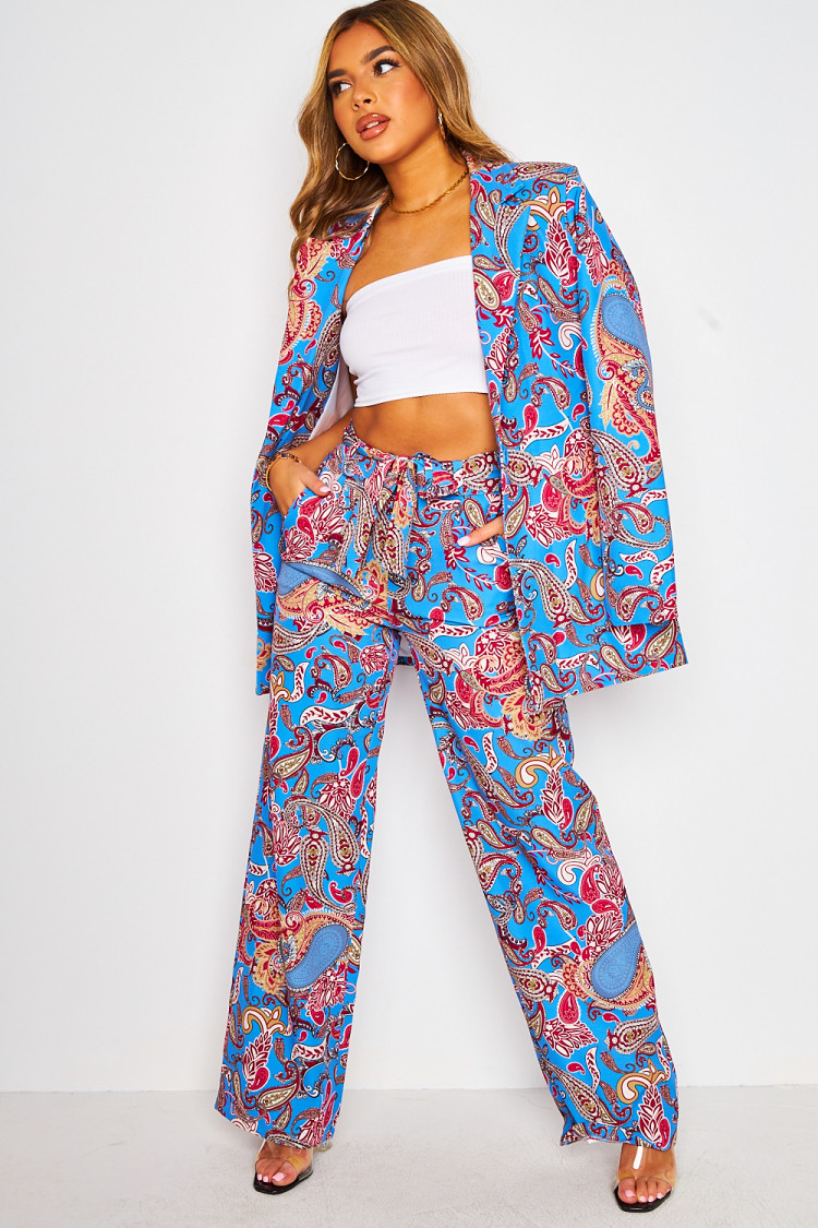 Ensemble bleu paisley blazer + pantalon ceinturé