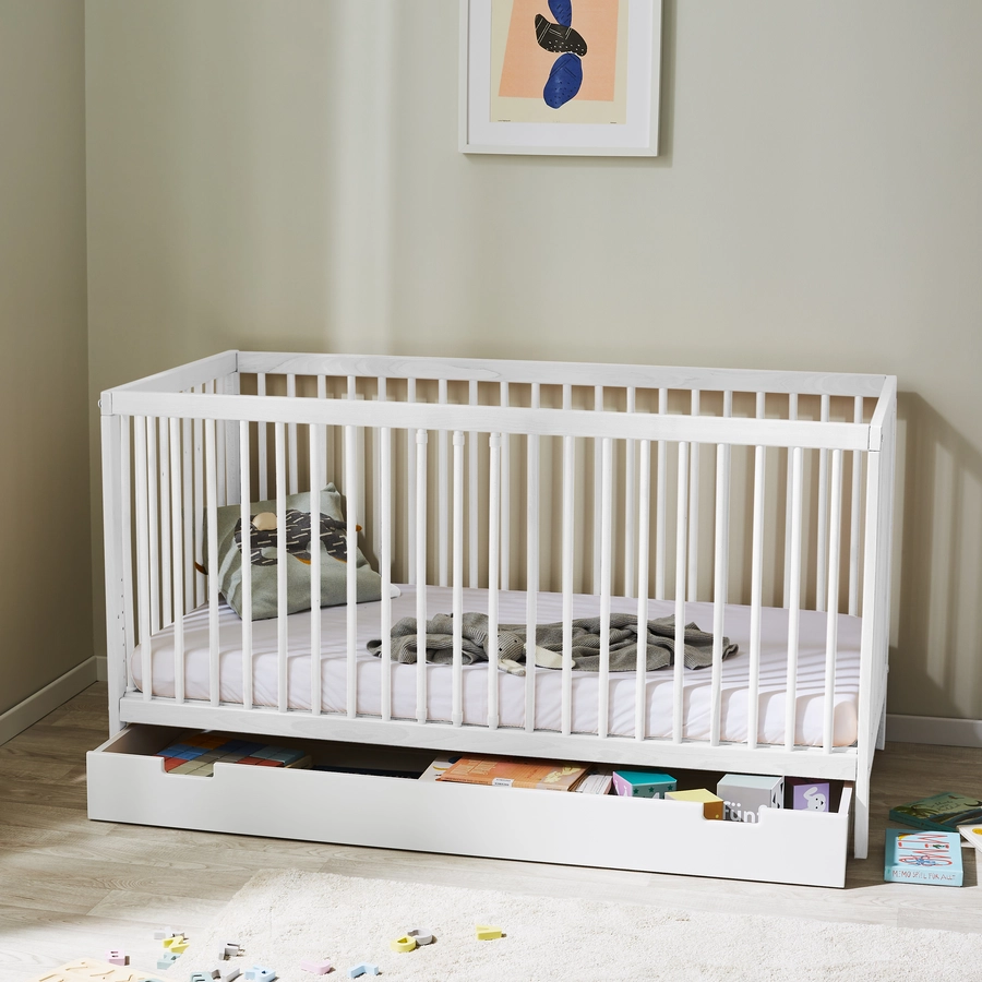 Kids Collective Babybett Gitterbett 60x120 | 70x140 höhenverstellbar & herausnehmbare Sprossen weiß mit Schubl. und Matratze
