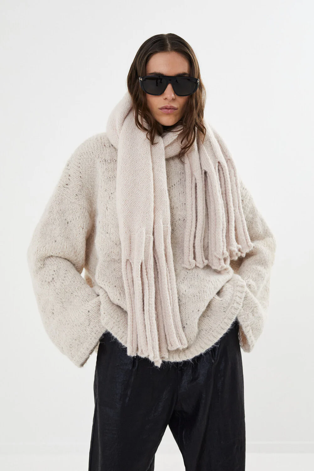 Rabens Saloner  Elsie Dual knit oversize uldstriktrøje - Beige