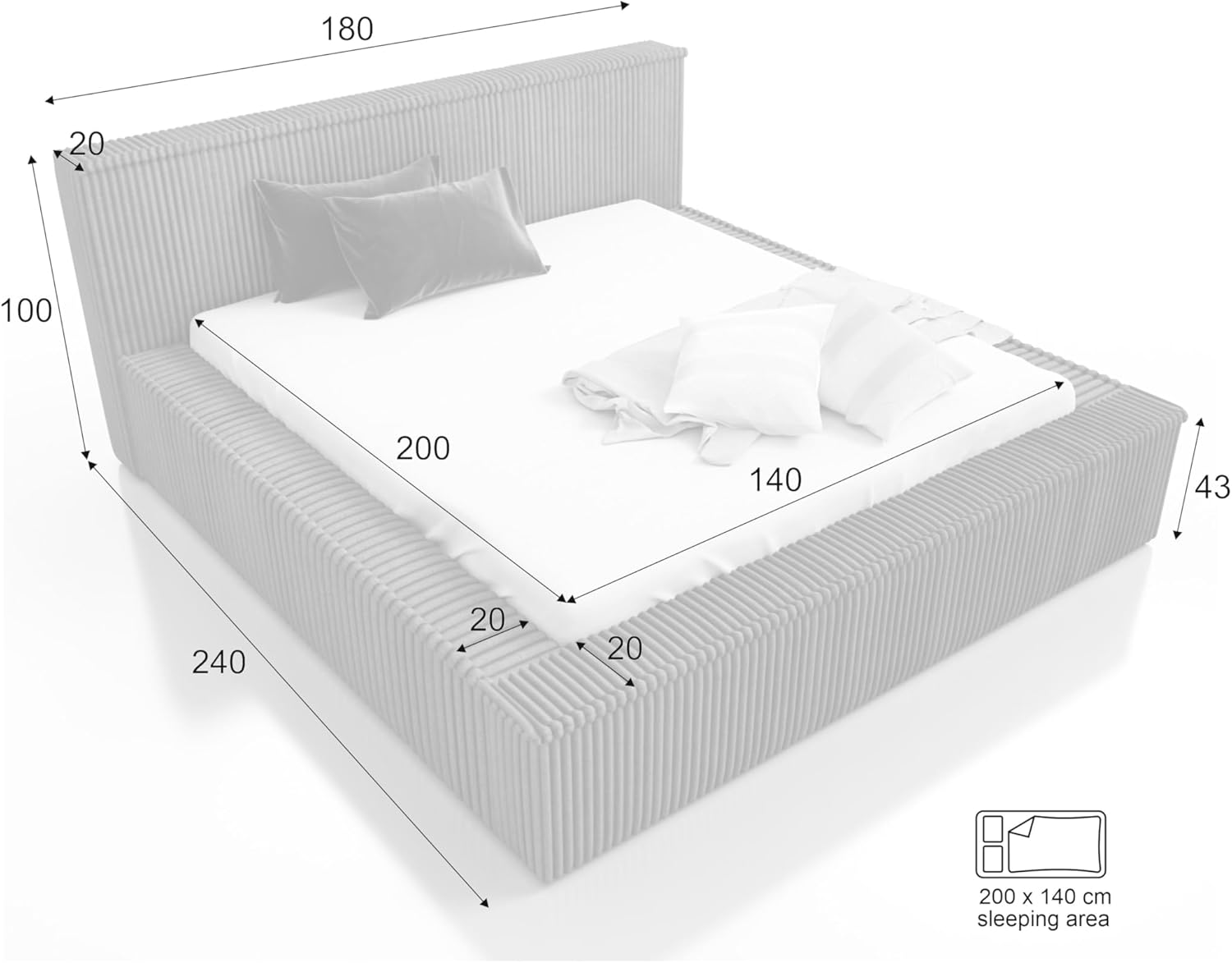 A&J MöbelLand Polsterbett Rio 140x200 mit Matratze, Bettkasten und Lattenrost. Farbe: Beige