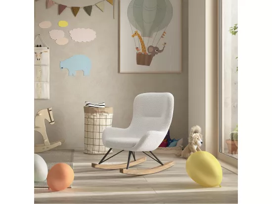 MOUTY - Chaise à Bascule Enfant en Tissu Bouclette Blanc Pieds Bois et Métal