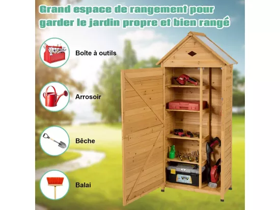 Abri de Jardin Extérieur en Bois de Sapin à 5 Etagères, 70 x 35,5 x 176 CM, Cabane de Rangement Verrouillable pour Outils de Jardin avec 5 Etagères, Tôle Galvanisé