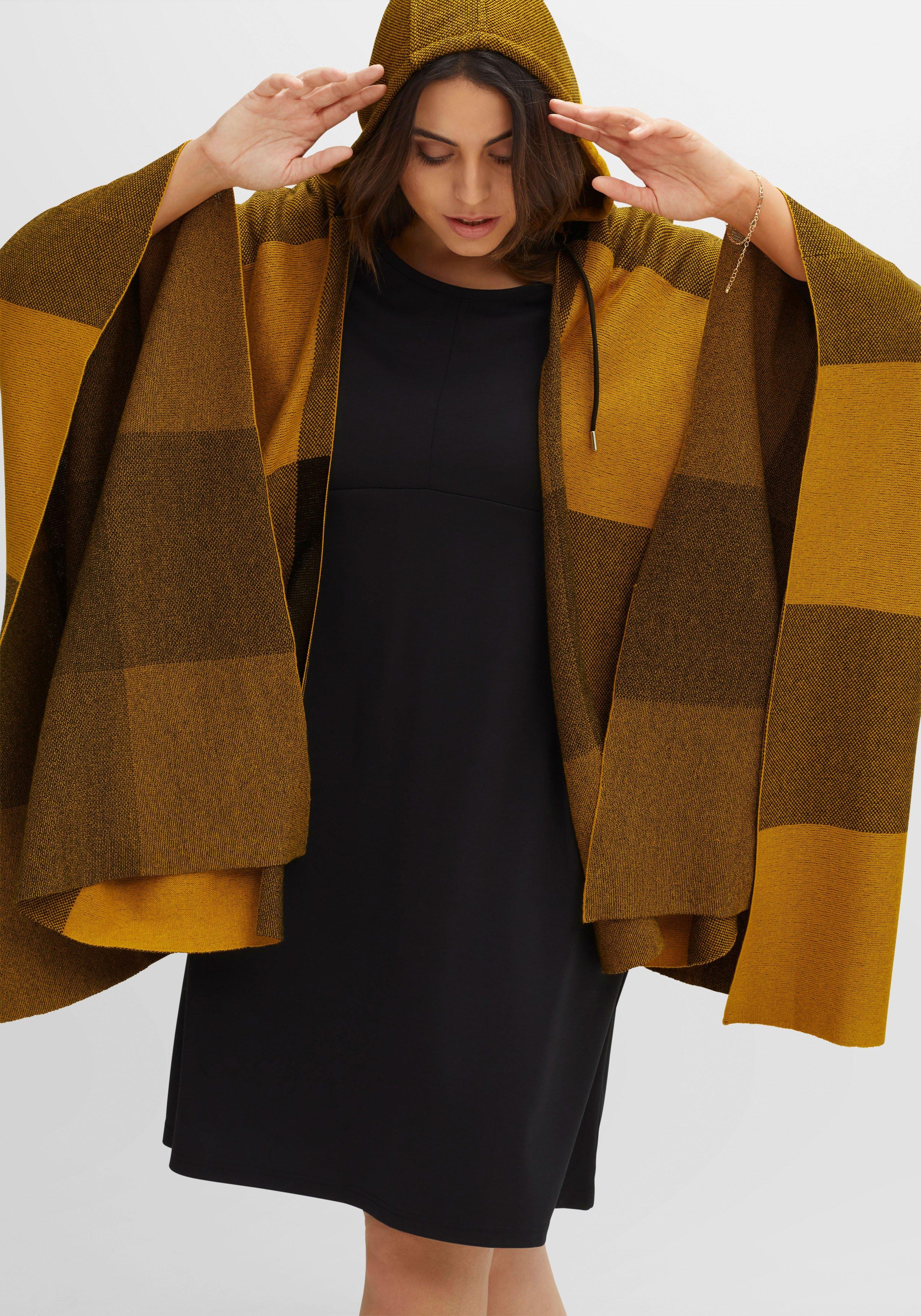 Kariertes Strickcape mit Kapuze und Tunnelzug