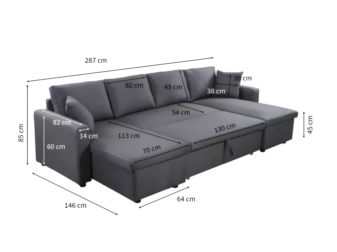 Canapé Panoramique Convertible avec 2 Coffres en Tissu