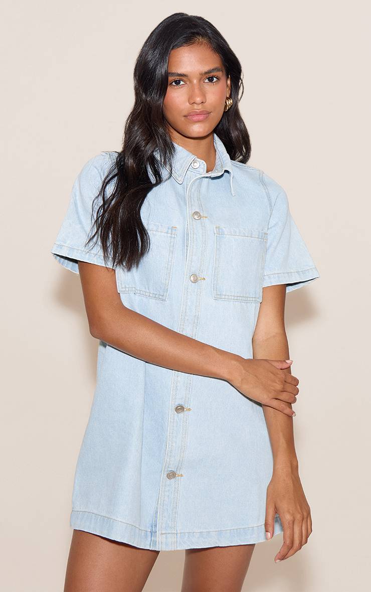 Bleu Clair Robe Chemise En Denim À Surpiqûres Contrastées