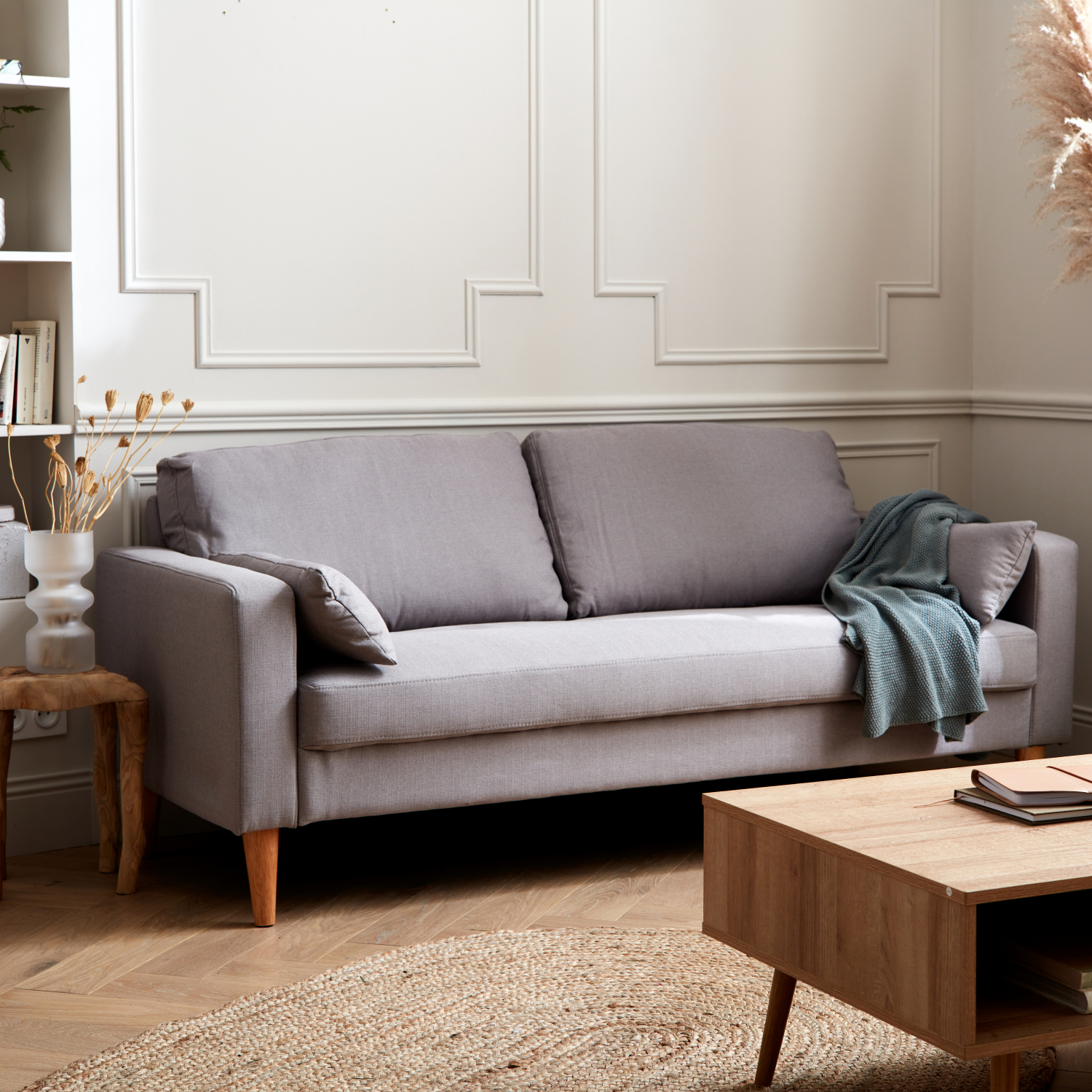 Canapé en tissu gris clair - bjorn - canapé 3 places fixe droit pieds bois. Style scandinave