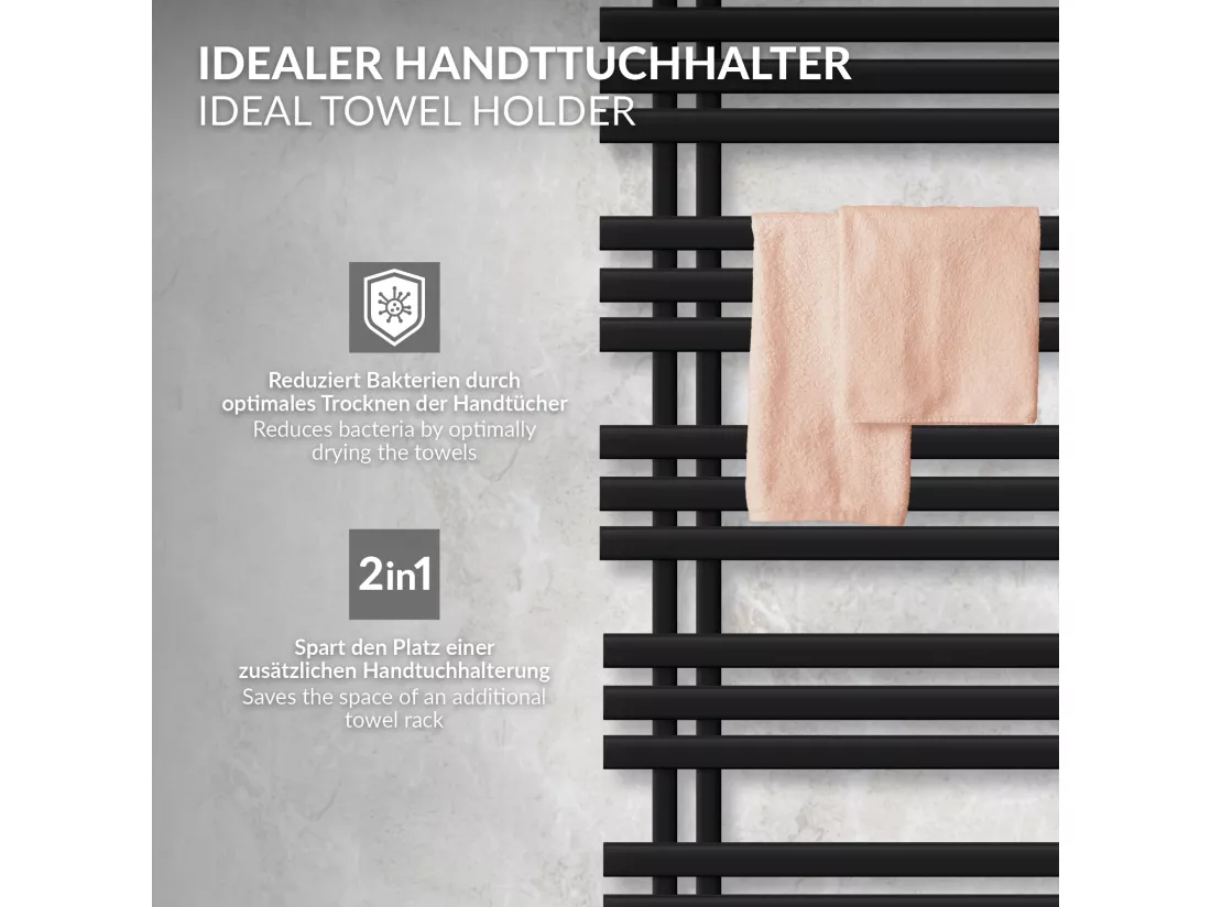 Radiateur de salle de bain acier noir mat 50x140cm avec élément chauffant 900W