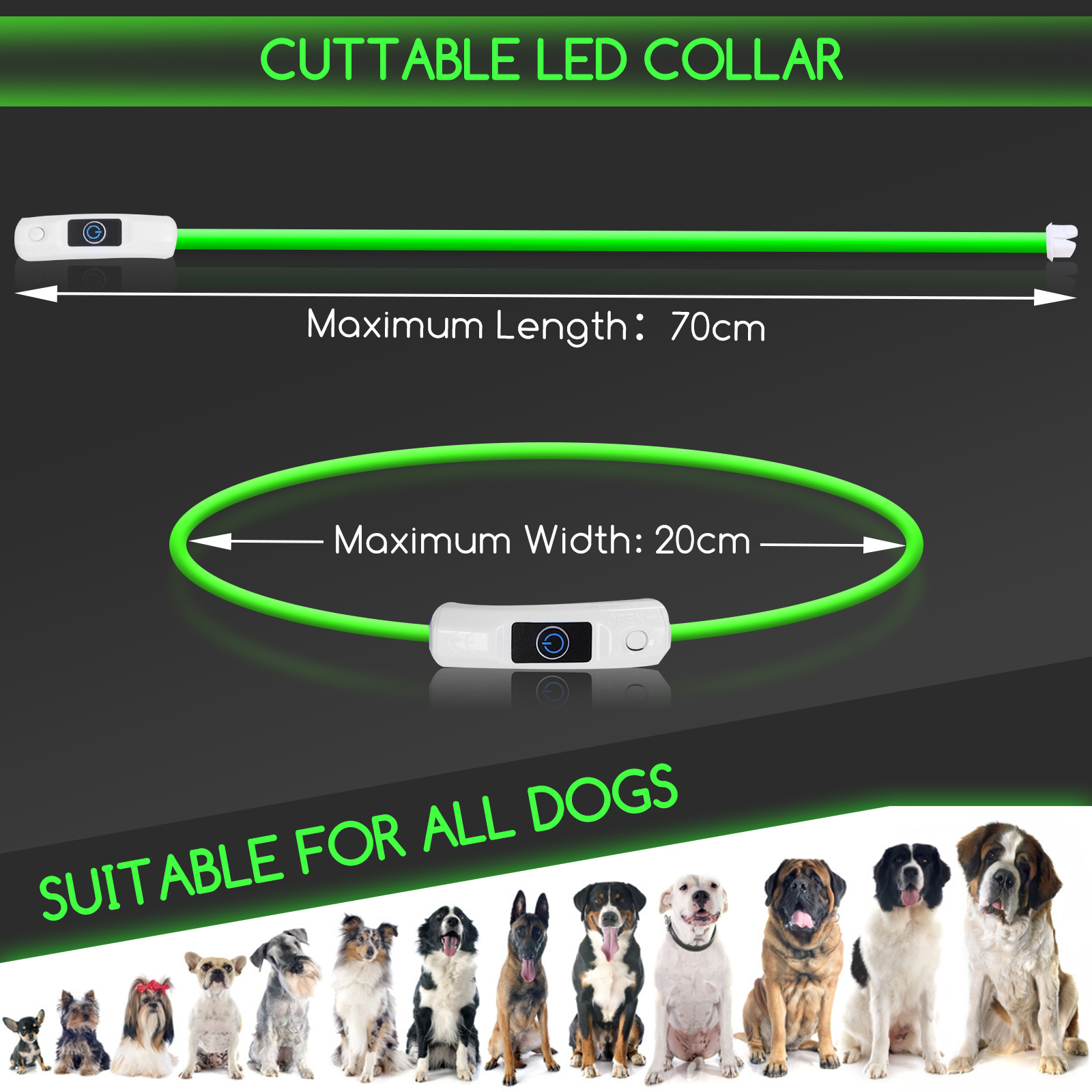 Nobleza - 2 × Coleira de Segurança Personalizada com Luzes para Cães, 3 Modos de Iluminação, Recarregável via USB, Ajustável e Impermeável, para Cães de Pequeno, Médio e Grande Porte (Verde)