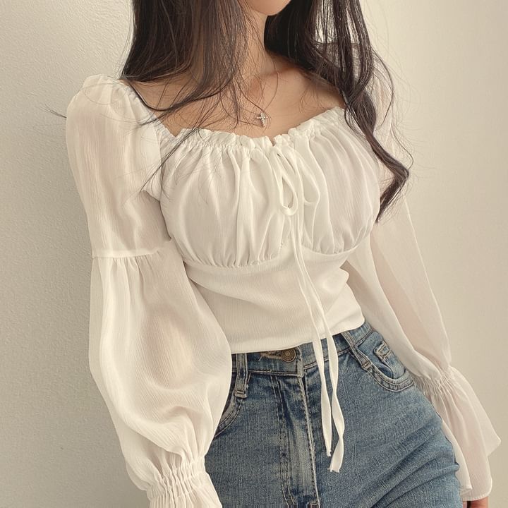 Kira Kira - Blouse met geplooide mouwen en vierkante hals, effen kleur en strik aan de voorkant