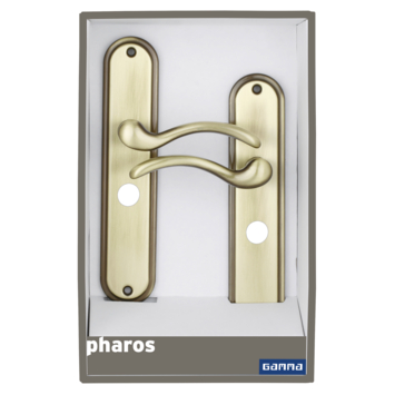 Gamma deurkruk set Pharos ovaal schild vrij-bezet sluiting 63/8 mm messing antiek