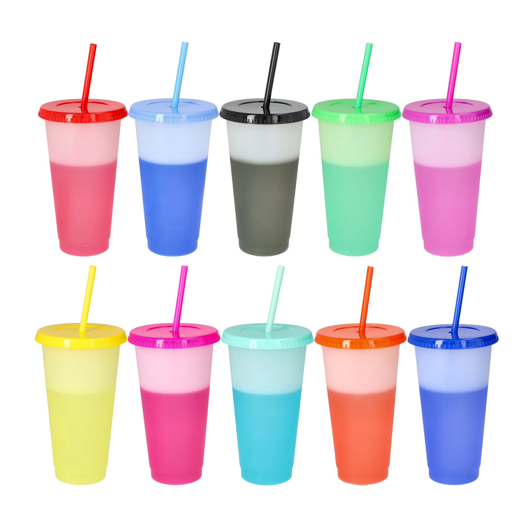 (30-tlg. Set) 550ml Farbwechsel Trink Becher Mehrweg Party Getränke Cup mit Deckel   Strohhalm - Assortiert