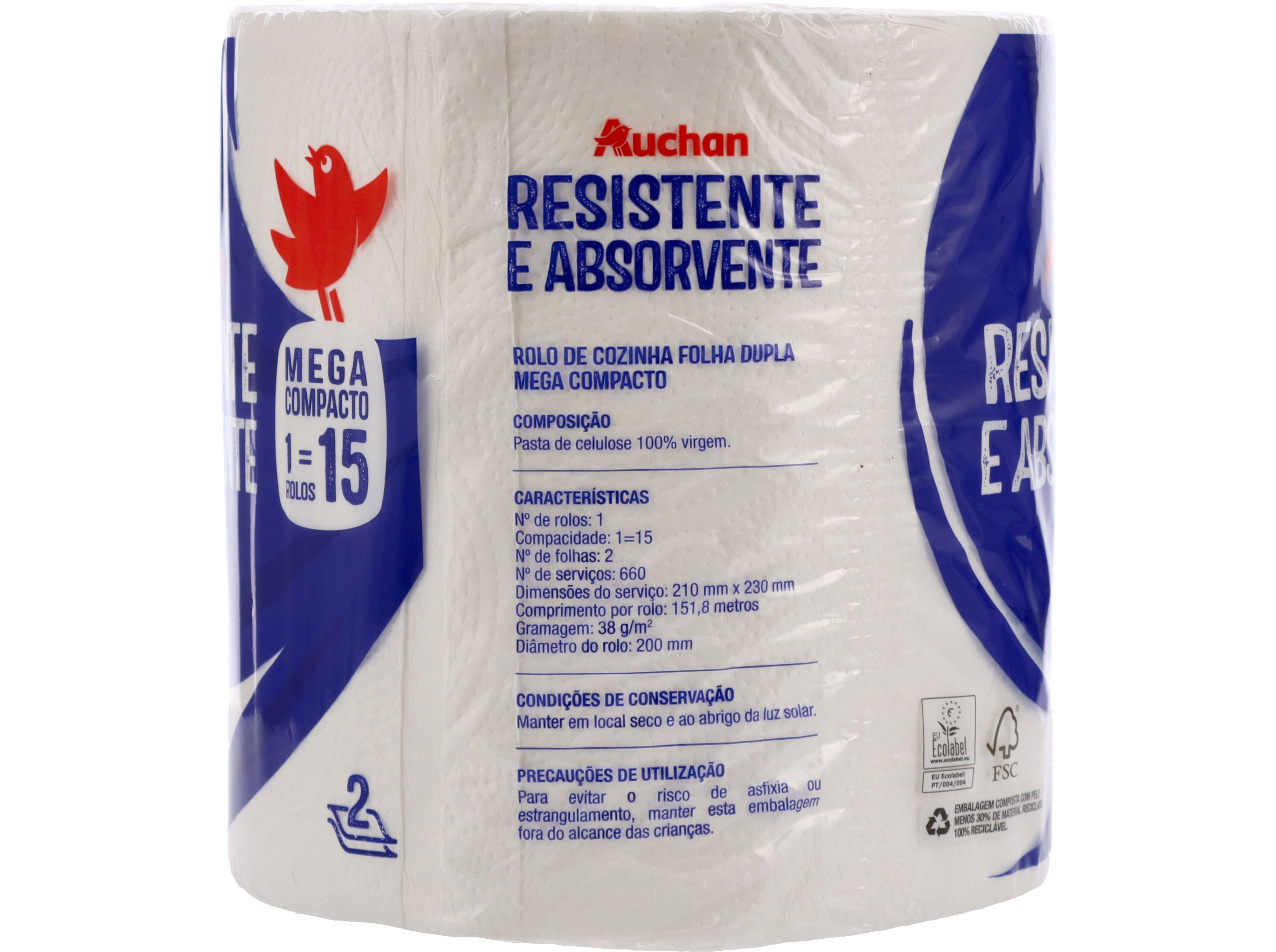 ROLO COZINHA AUCHAN RESISTENTE E ABSORVENTE 2 FOLHAS MEGA COMPACTO 1 ROLO = 15 ROLOS