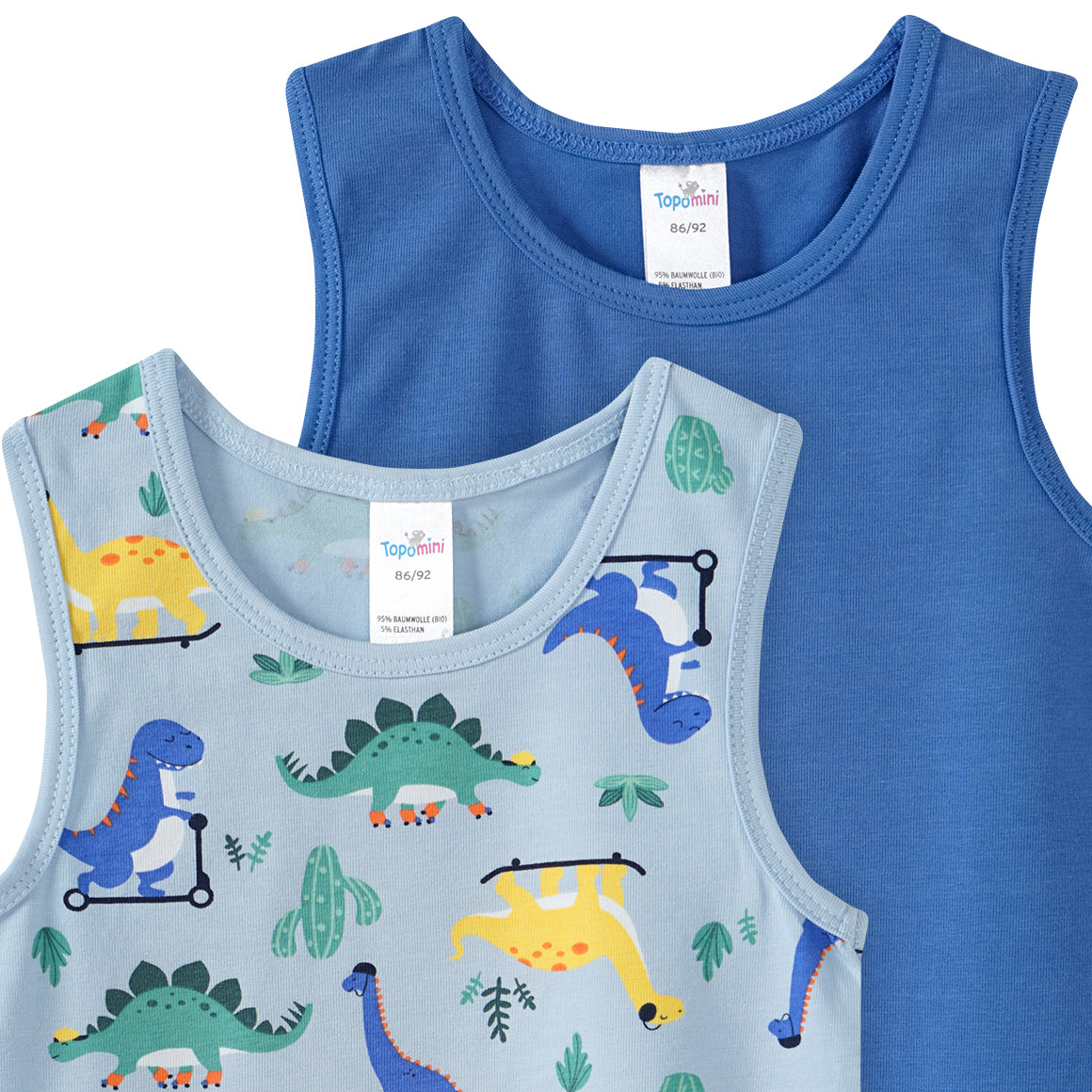 Topomini 2 Baby Unterhemden mit Dino-Motiven hellblau / blau