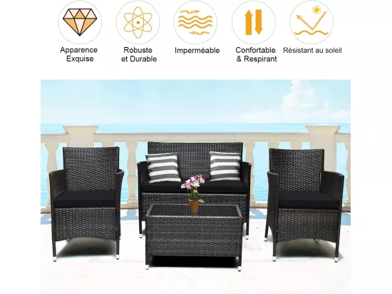 Salon de Jardin 4 Pièces en Rotin et fibre naturelle PE Charge 160-320KG, avec Coussins et Table Basse en Verre Trempé pour Patio Balcon Terrasse