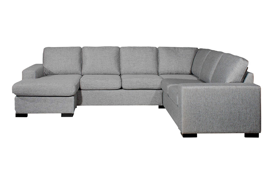 Max sofa 32 hjørnesofa med vendbar sjeselong (løs puffmodul) i tekstil Rocco 281 mørk grå og med sorte ben