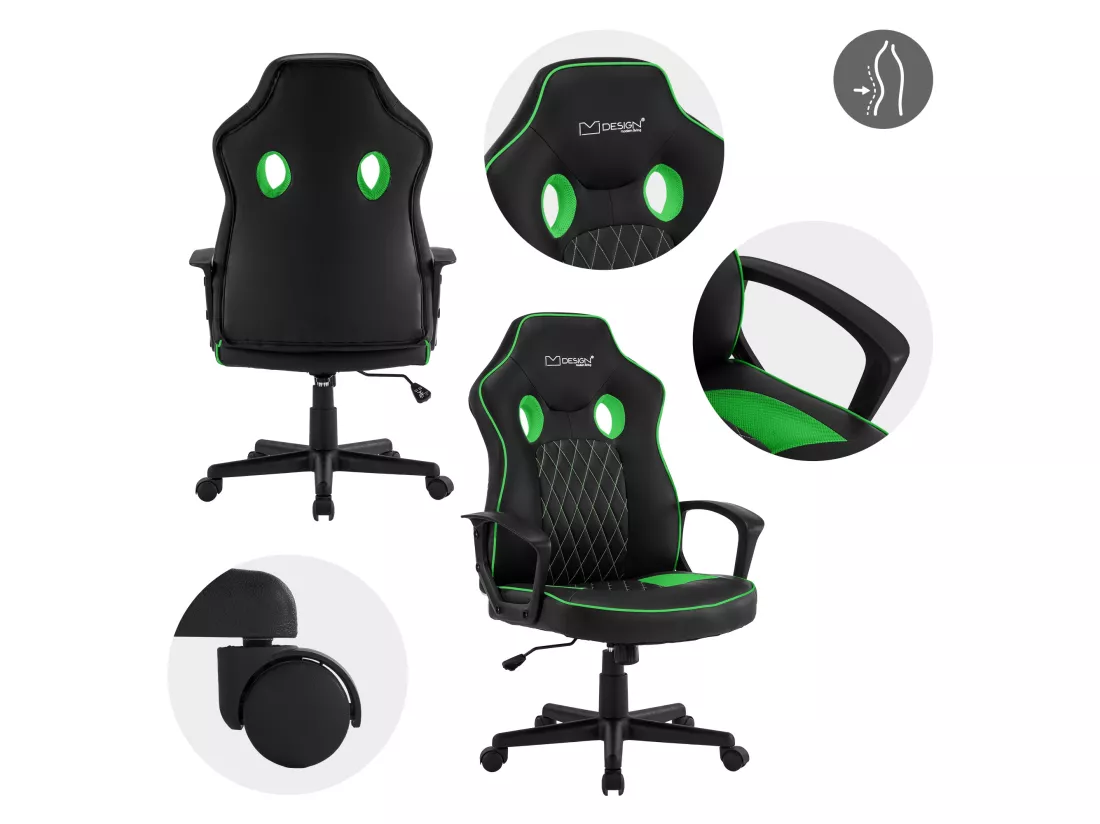 Chaise de gamer avec fonction bascule assise large noir/vert en similicuir ML-Design