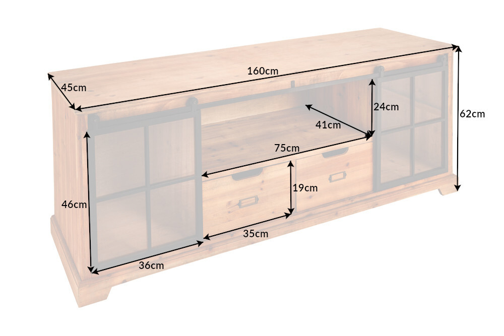 Massives Lowboard HERITAGE 160cm natur Pinie Industrial-Türen Metall Vitrine