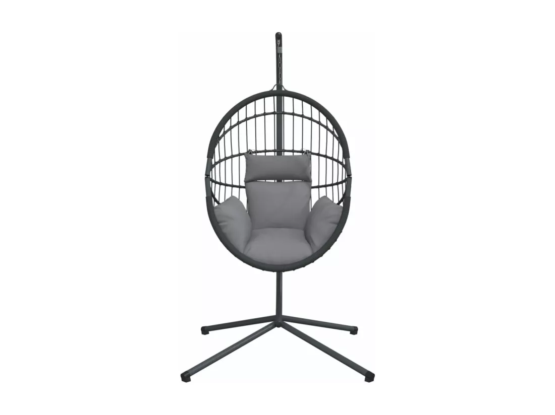 Chaise suspendue en forme d'œuf et support gris rotin et acier