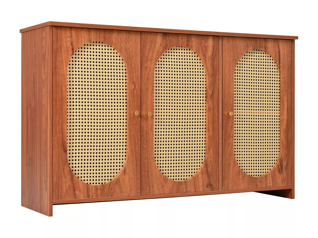 Buffet moderne avec 3 portes en imitation rotin - 125 x 38 x 78 cm - Bois MDF - Noyer