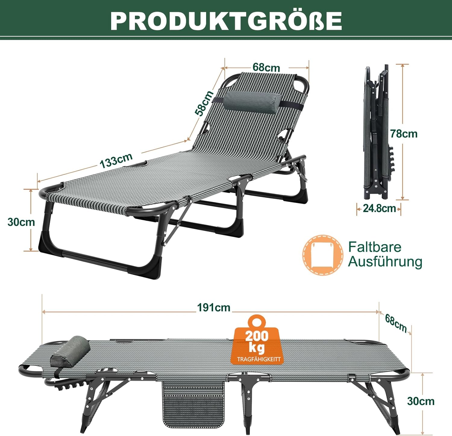 2er Set Klappbar Sonnenliege Gartenliege, 68cm Breite 200kg Loading mit Matratze und Kopfstütze Klappbar Liegestuhl, Geeignet für Balkon, Strande, Garten, Kann als Campingbett und Gästebett
