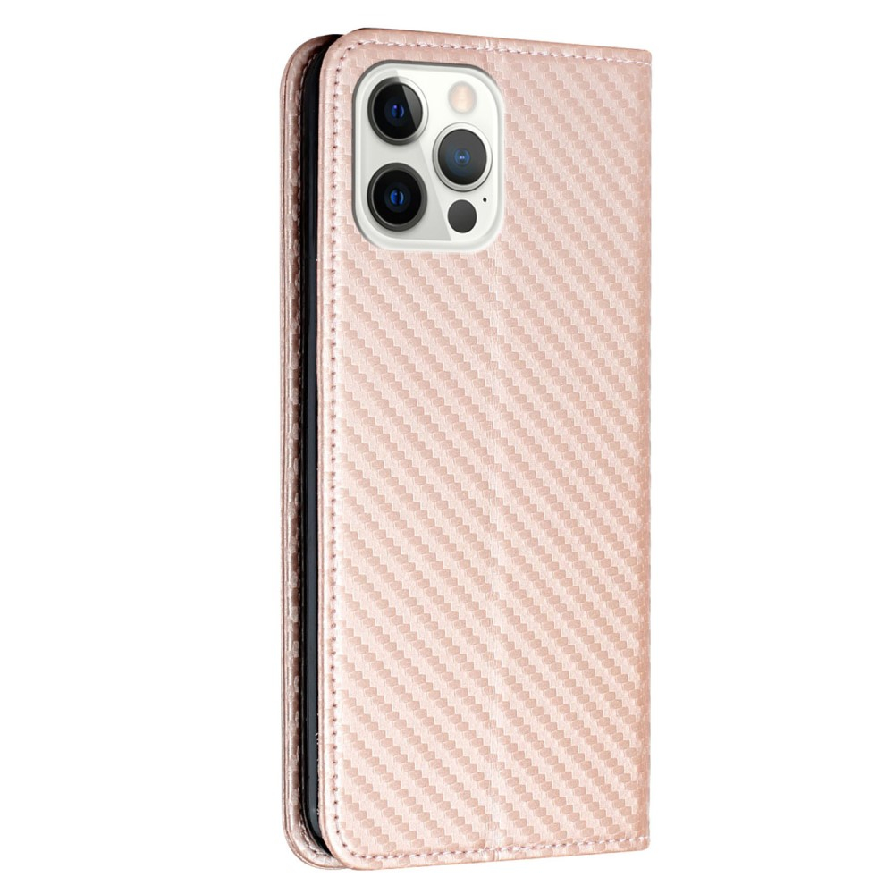 iPhone 15 Pro Leder Tasche Flip Cover Carbon Look - Roségold