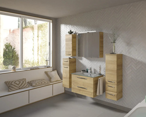 Pelipal Kumba badkamermeubelset (B x H x D): 137 x 200 x 50 cm, frontkleur: Riviera eiken, 5-delige set bestaande uit witte glazen wastafel, hoge kast, onderkast en bovenkast (artikelnr. 99.770326473)
