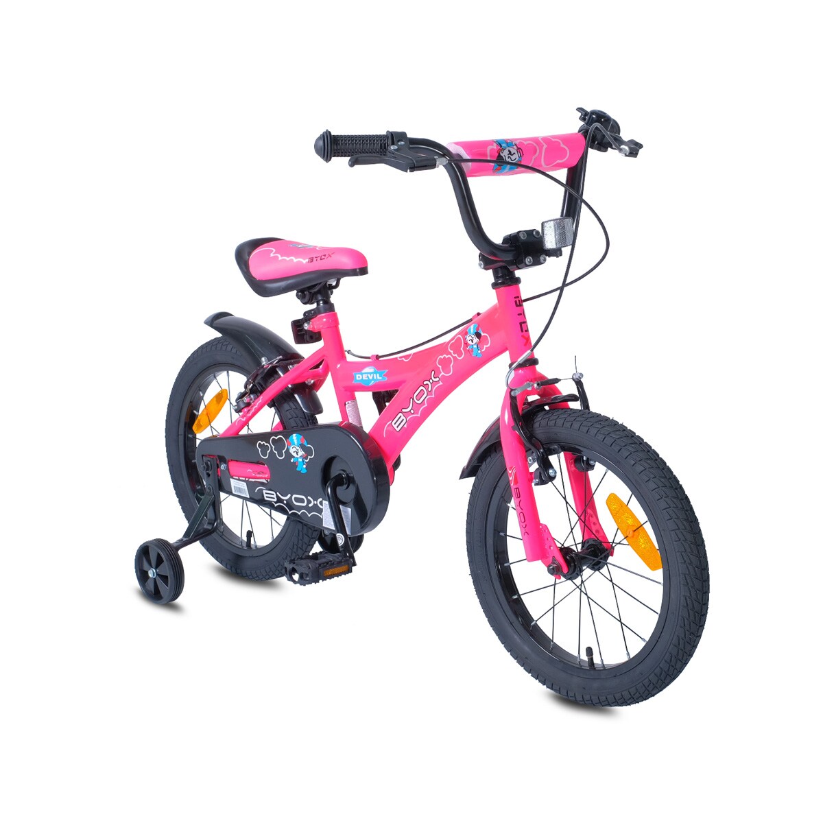 Byox Kinderfahrrad 16 Zoll Devil, Metallrahmen, Stützräder, Klingel, Reflektoren pink