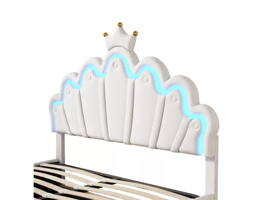 Lit coffre rembourré en similicuir 140x200cm - lit princesse avec LED et moulures en couronne - Blanc