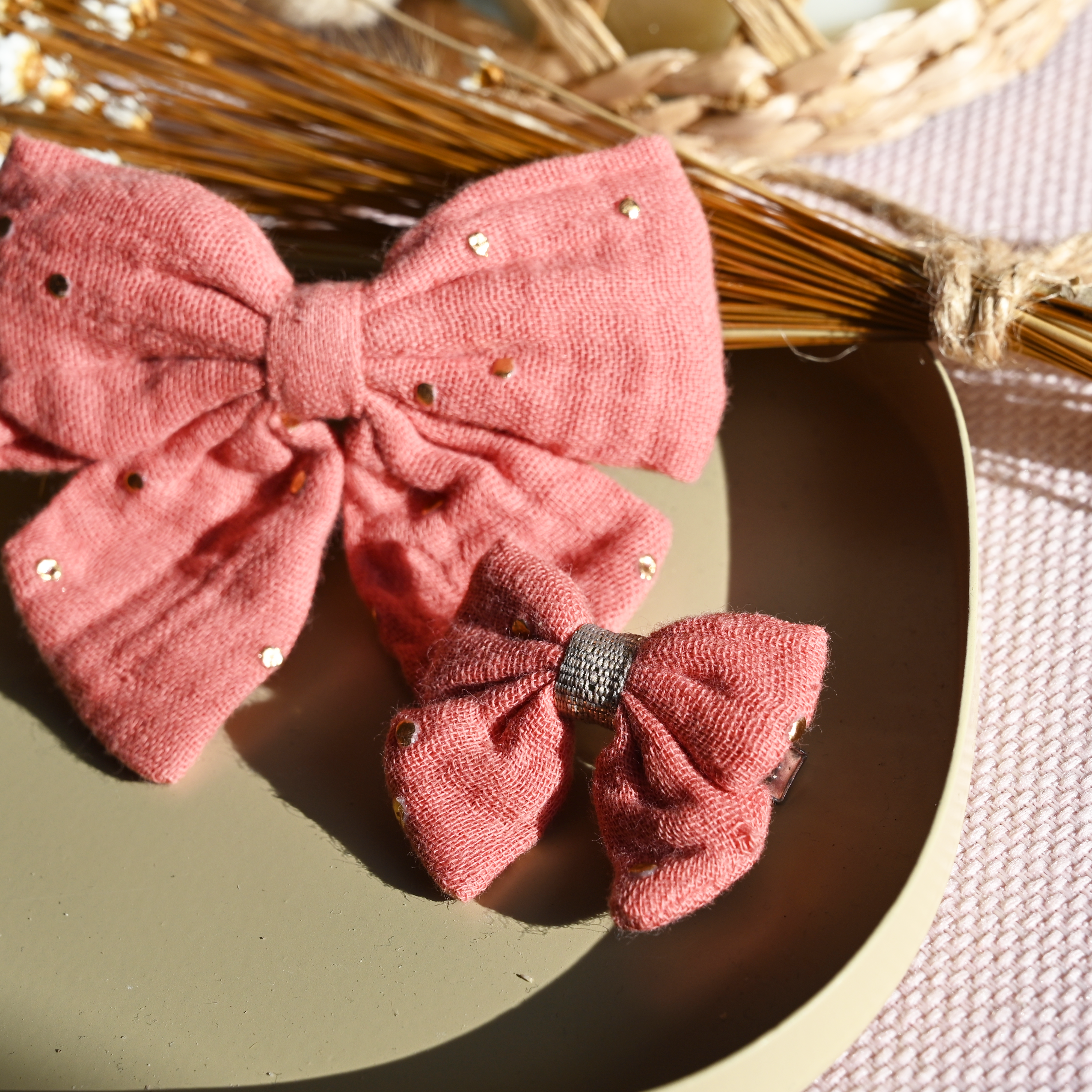 Barrette Mini Noeud Papillon Gaze Pois Or Rose Blush