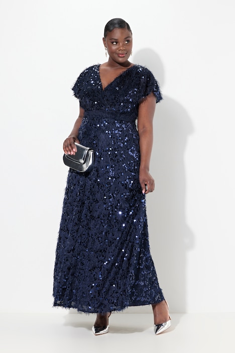Abendkleid, Pailletten, Fransen, V-Ausschnitt, Halbarm