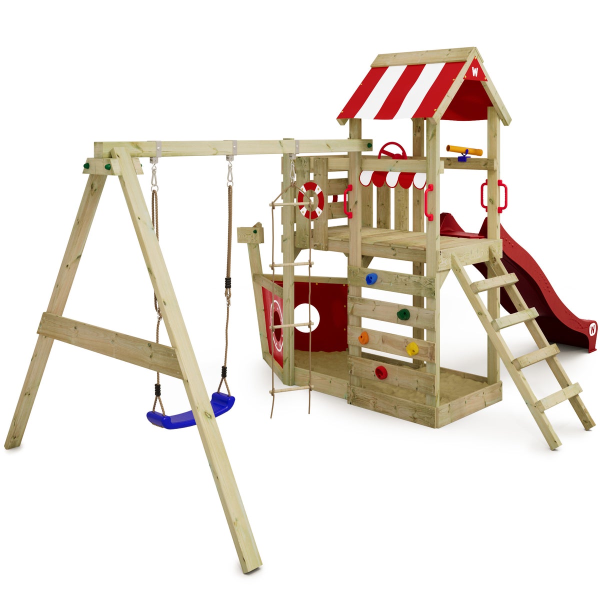 WICKEY SeaFlyer speeltoren klimtoestel met schommel en glijbaan, boomhut met zandbak, klimladder en speeltoebehoren - rood