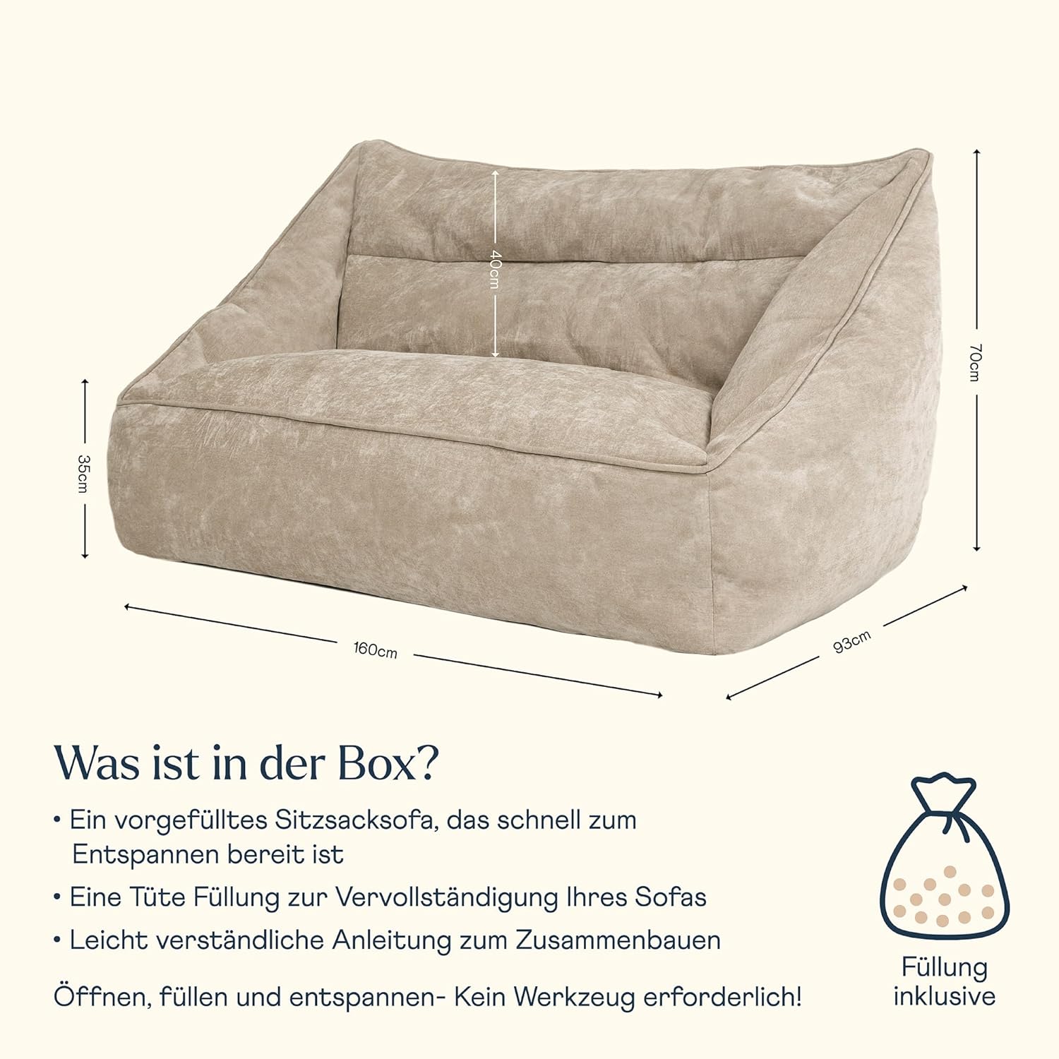 Icon Cecilia Sitzsack Sofa, Beige, Flauschiger Chenille Stoff, 2 Sitzer Sofa für Erwachsene, Riesensitzsack mit Füllung, Bequemer Sessel, Lounge, Wohnzimmer, Deko Wohnzimmer