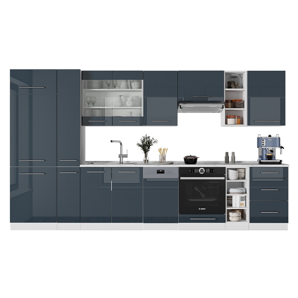 Vicco Küchenzeile Fame-Line Weiß Dunkelblau Hochglanz 355 cm mit Arbeitsplatte Weiß-Marmor