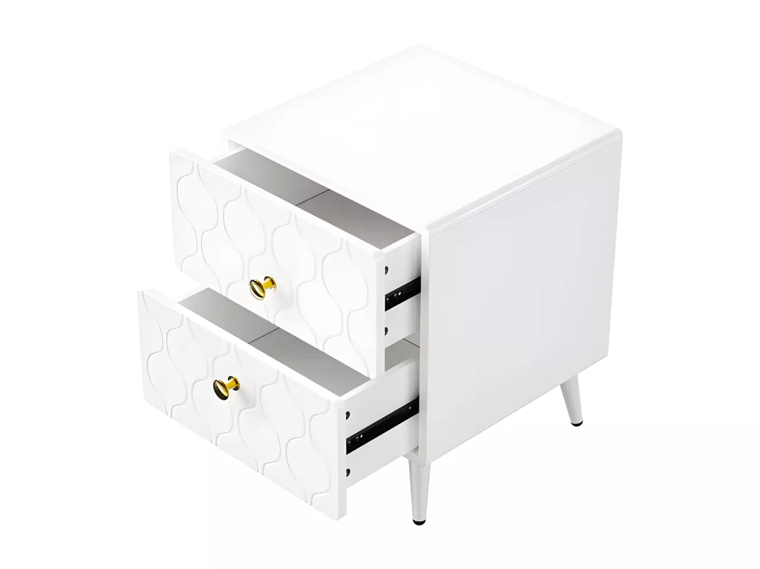 Lot de 2 Tables de chevet à motif ondulé - avec poignées dorées et 2 tiroirs - façades laquées - Blanc