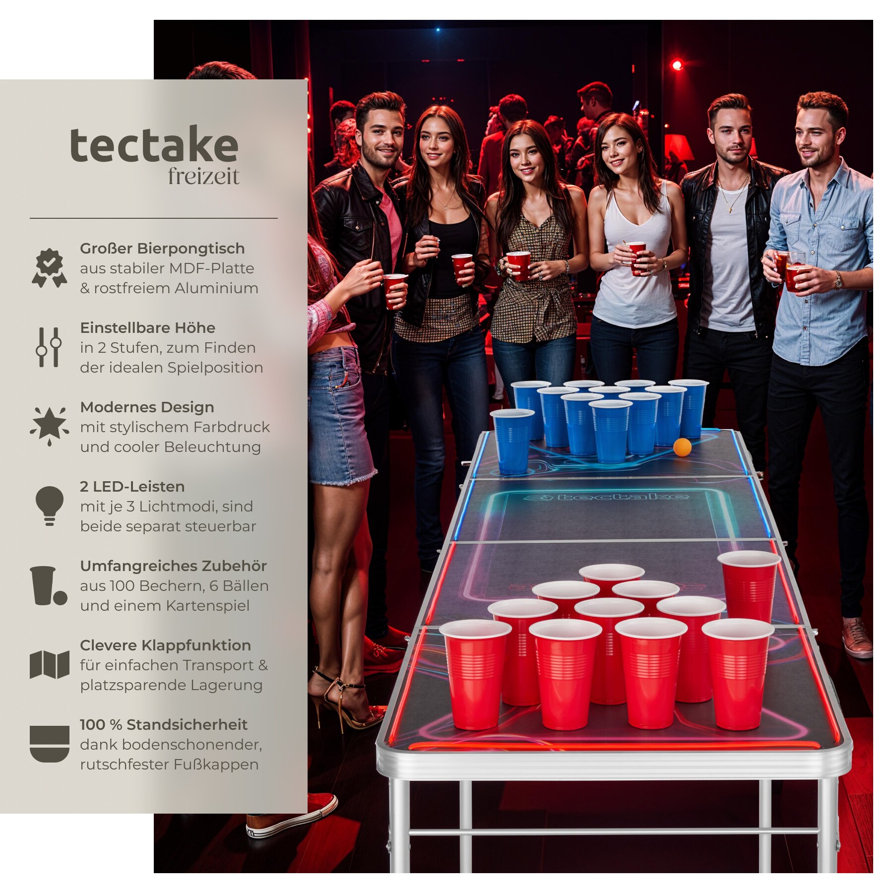 tectake® Bierpongtisch, aus Aluminium, mit LED-Beleuchtung, bodenschonende Kunststofffüße, inklusive 100 Bechern, 6 Bällen und Kartentrinkspiel