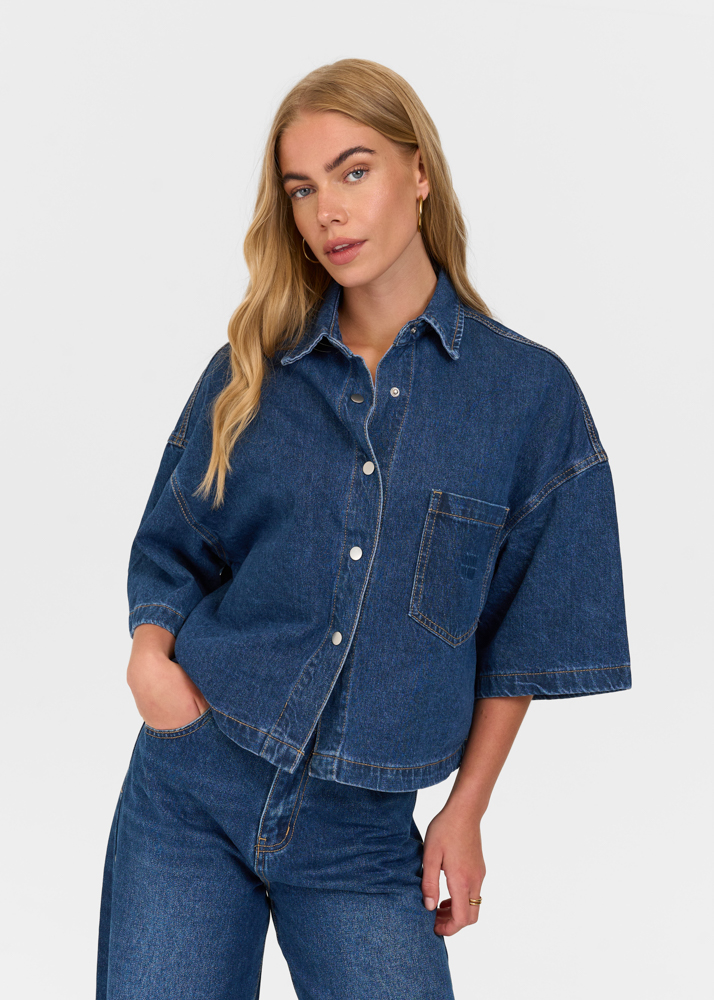 Denim blouse korte mouw indigo blauw