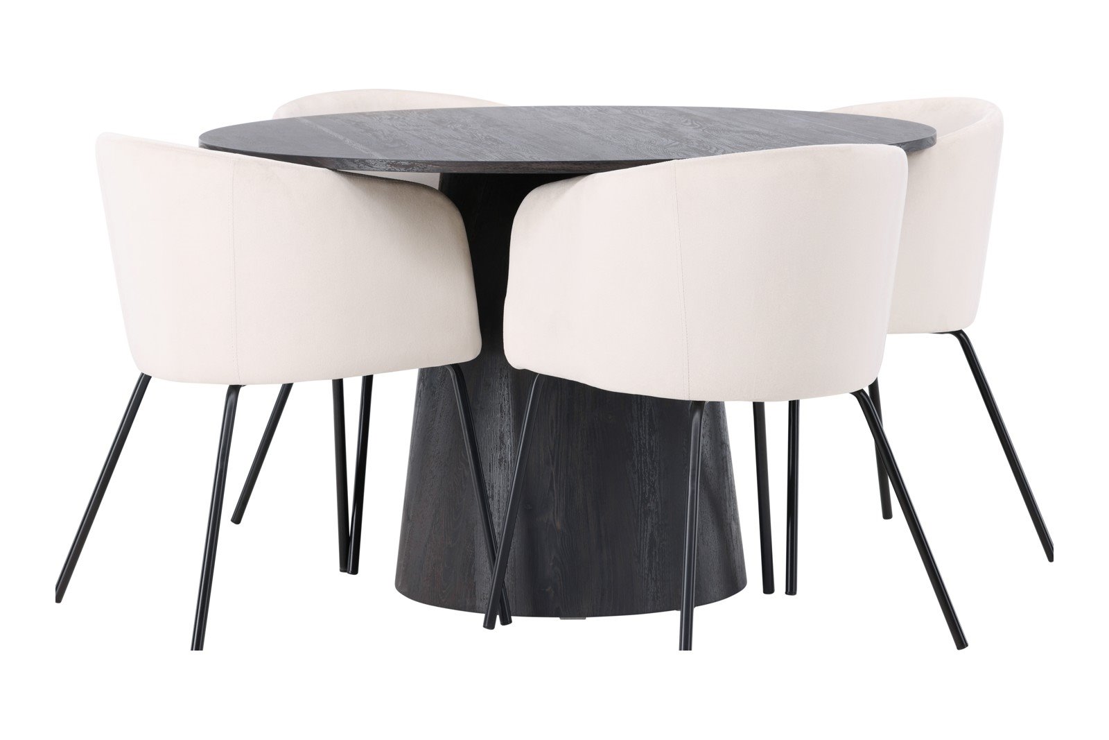 Lanzo og Berit Spisegruppe Lanzo rundt spisebord ø120cm i mocca med 4 stk. Berit med arm spisestoler i Beige fløyel og sorte ben.