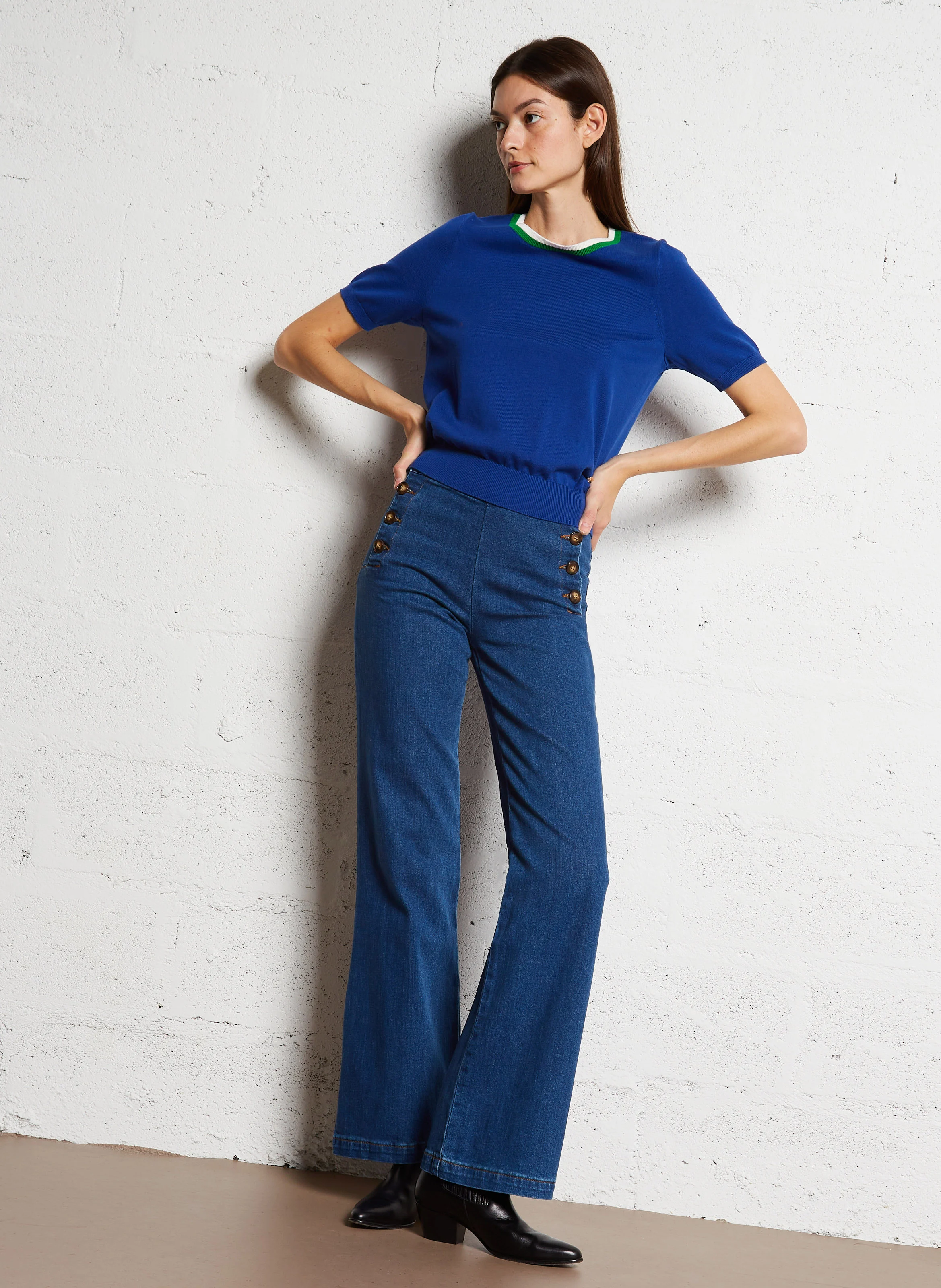 MAE - Pull droit manches courtes en coton | Bleu