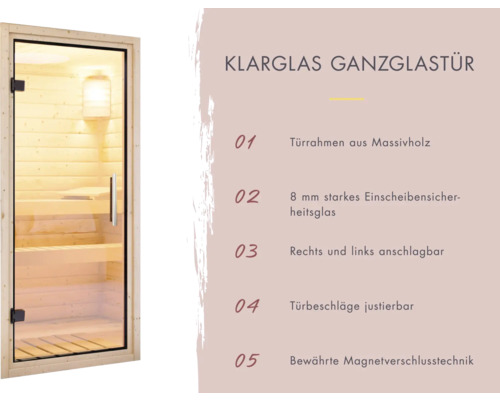 Karibu Larina modulaire sauna zonder oven, met dakkroon en volledig glazen deur van helder glas