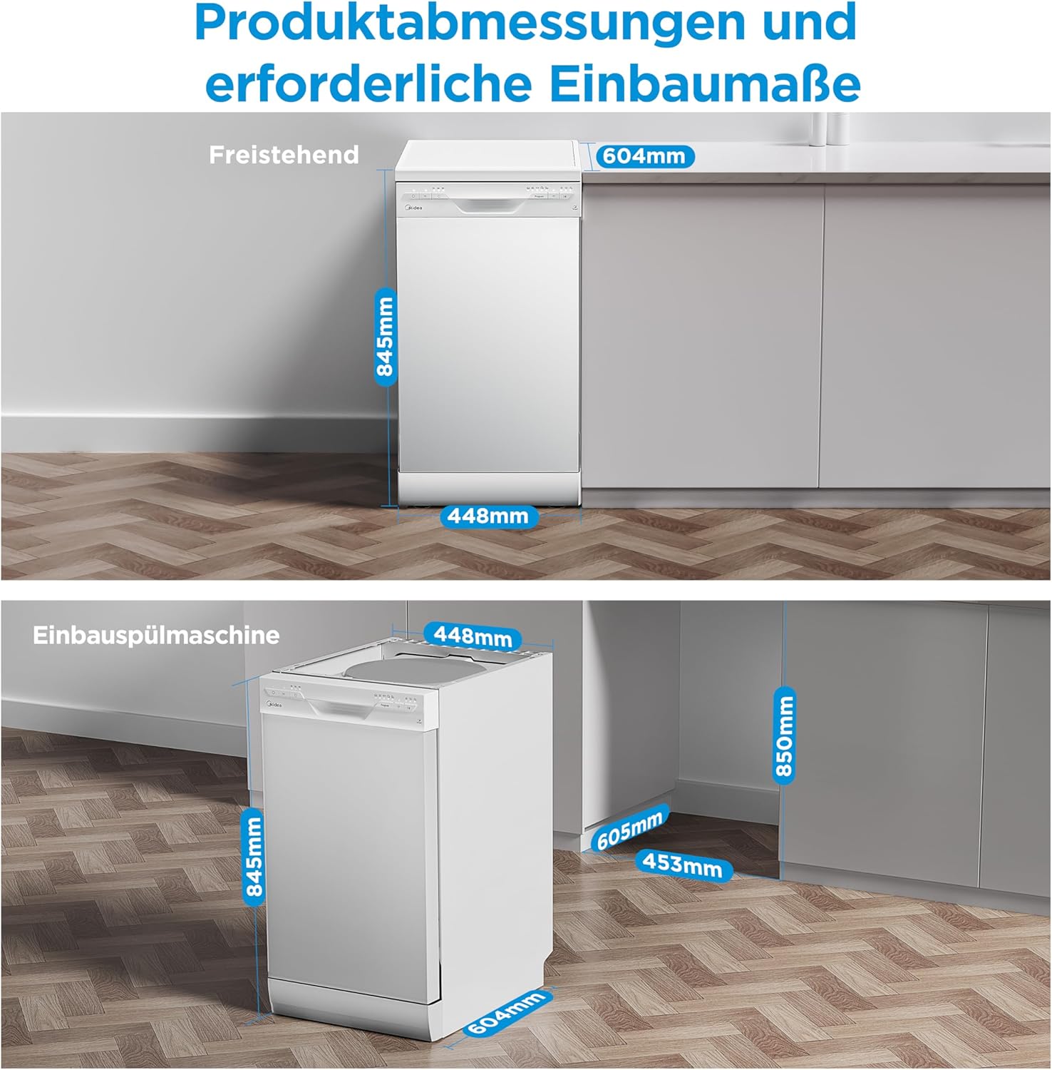 Midea SF 3.45NW PRO Geschirrspüler 45 cm Freistehend und Unterbaufähig, 9 Maßgedecke, Spülmaschine mit WLAN, 5 Programme, Höhenverstellbarer Oberkorb, 47 dB, Weiß