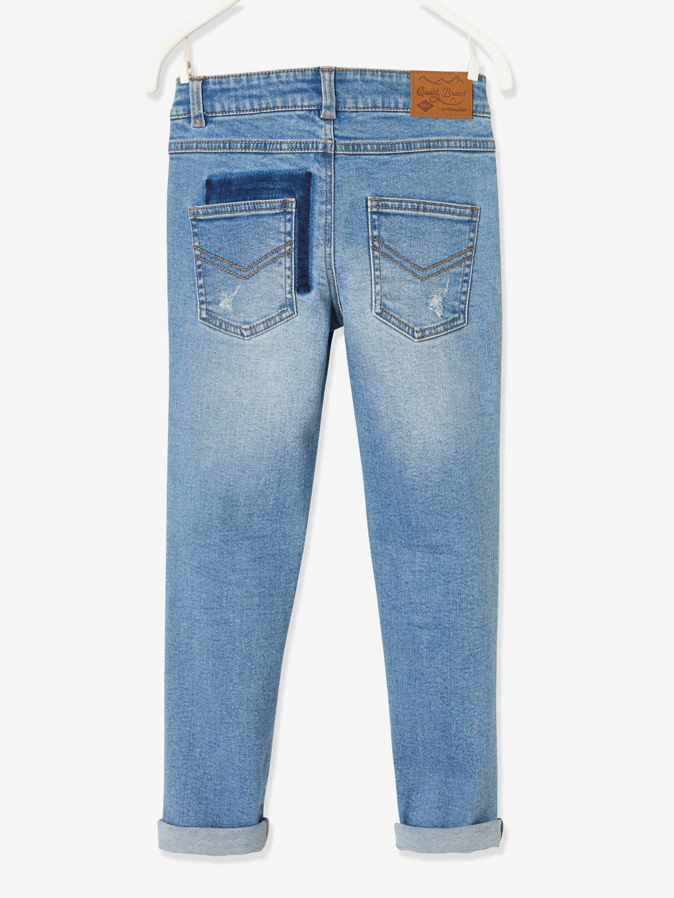 Calça jeans folgada com efeito desgastado, para meninos, lavagem azul escura.