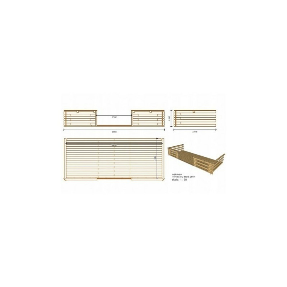 Abri de jardin en bois - 5x3 m - 35 m2 + terrasse avec balustrade et avant-toit en bois