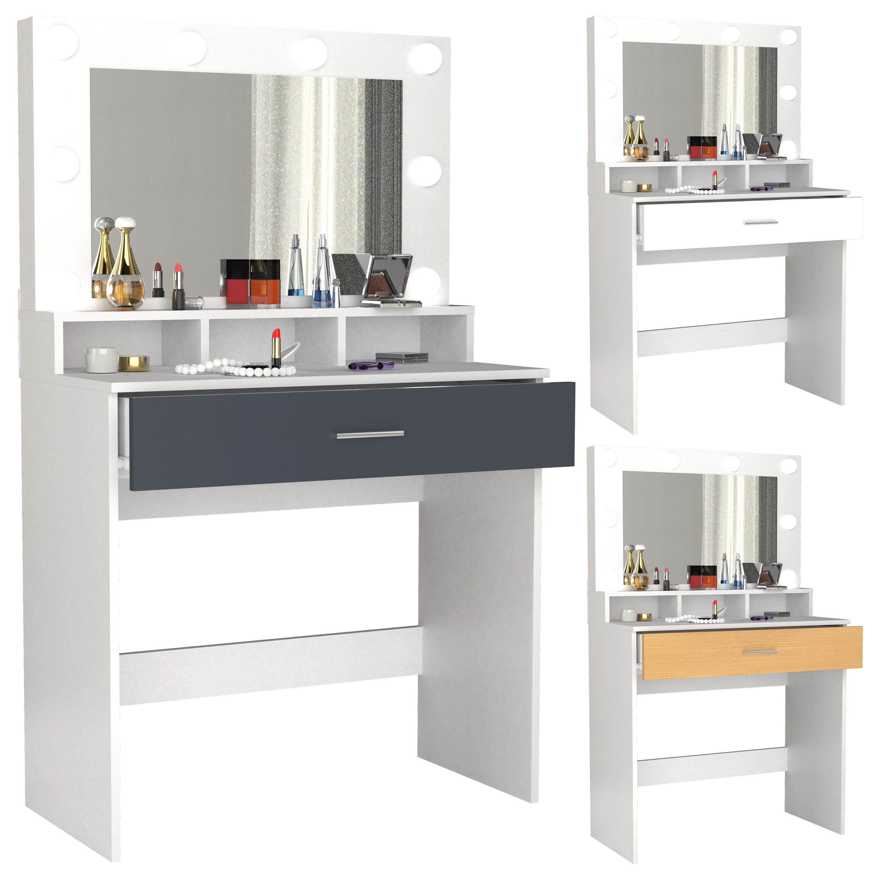 VCM Schminktisch Frisiertisch Schminkschrank Kosmetiktisch Spiegel Beleuchtung Schublade Kosmal