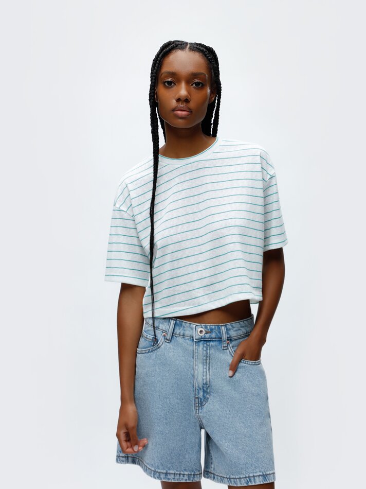 Camiseta cropped com efeito linho - Verde Piscina