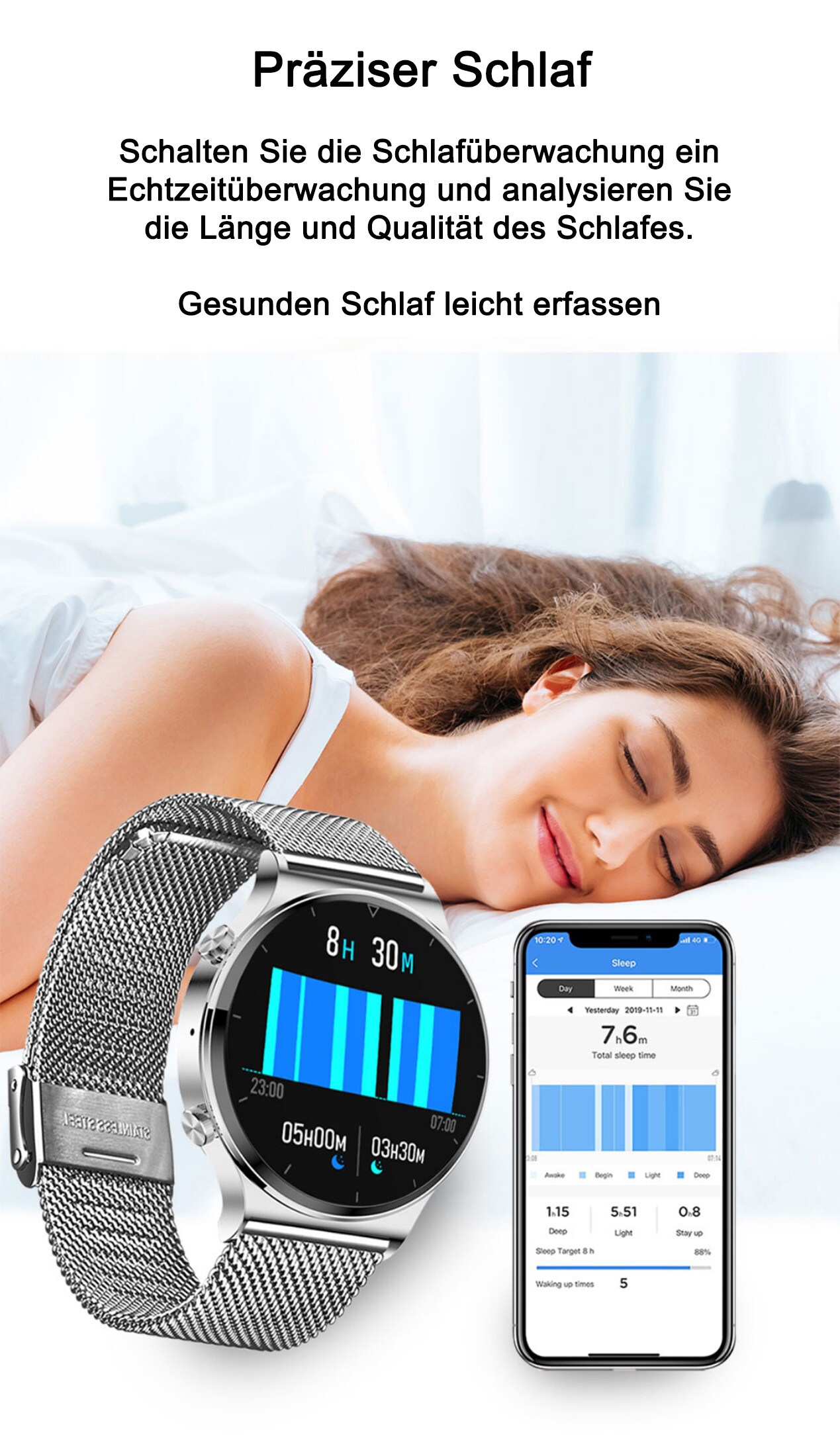 TPFNet Smart Watch / Fitness Tracker IP68 für Damen & Herren - Milanaise Armband - Android & IOS - Silber