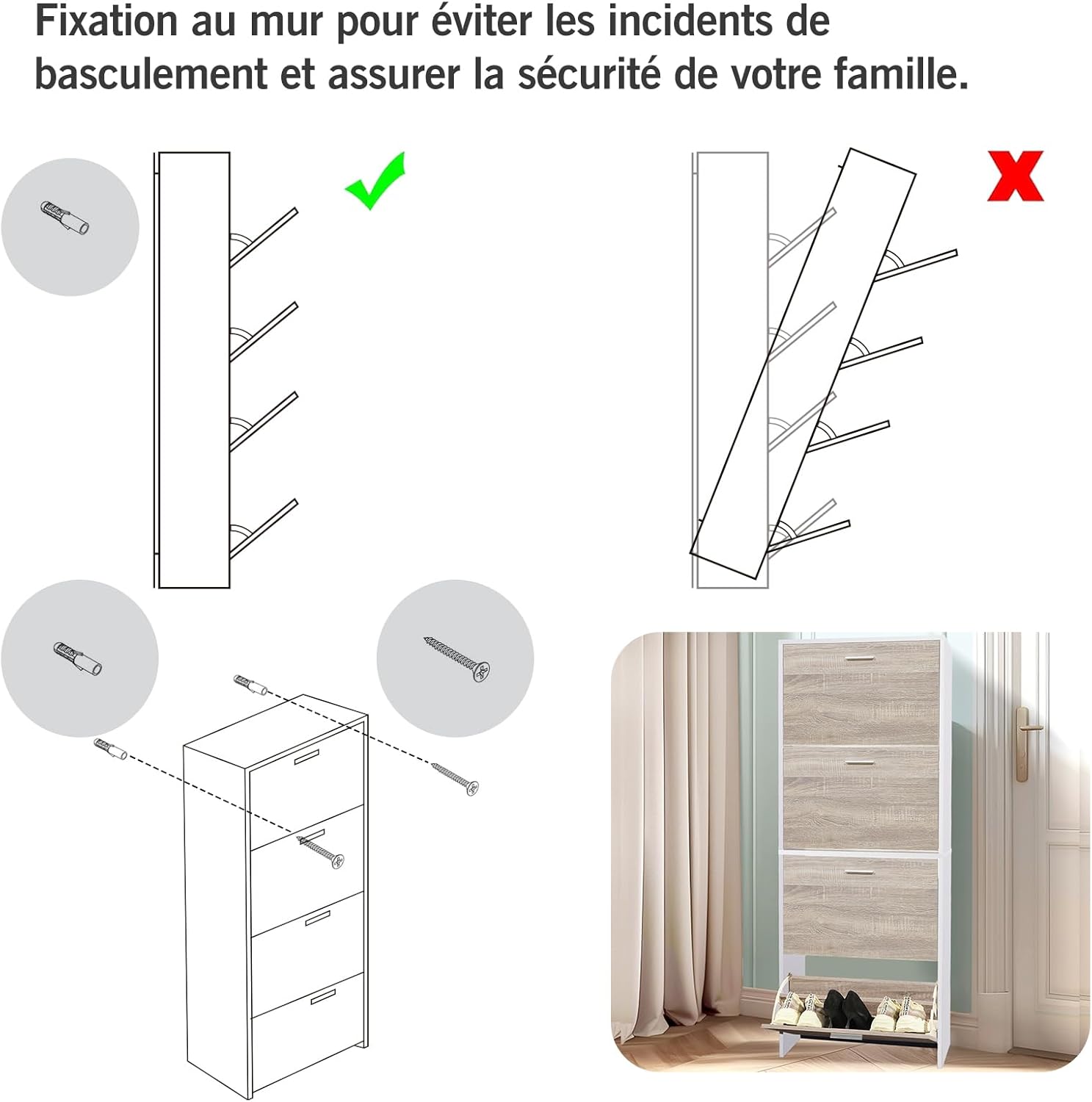 CASABEL Meuble de Rangement à Chaussure 24 Paires - Grande Capacité pour Entrée - L60xP24xH150 cm - Portes Bois Clair Cadre Blanc GX8397892