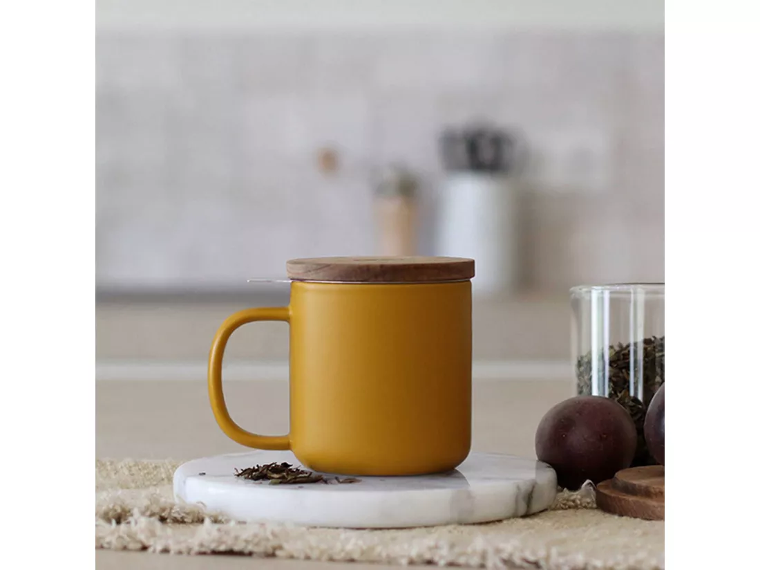 Ogo Living - Tisaniere Juliet 300ml En Gres Jaune Avec Couvercle Bois D'acacia