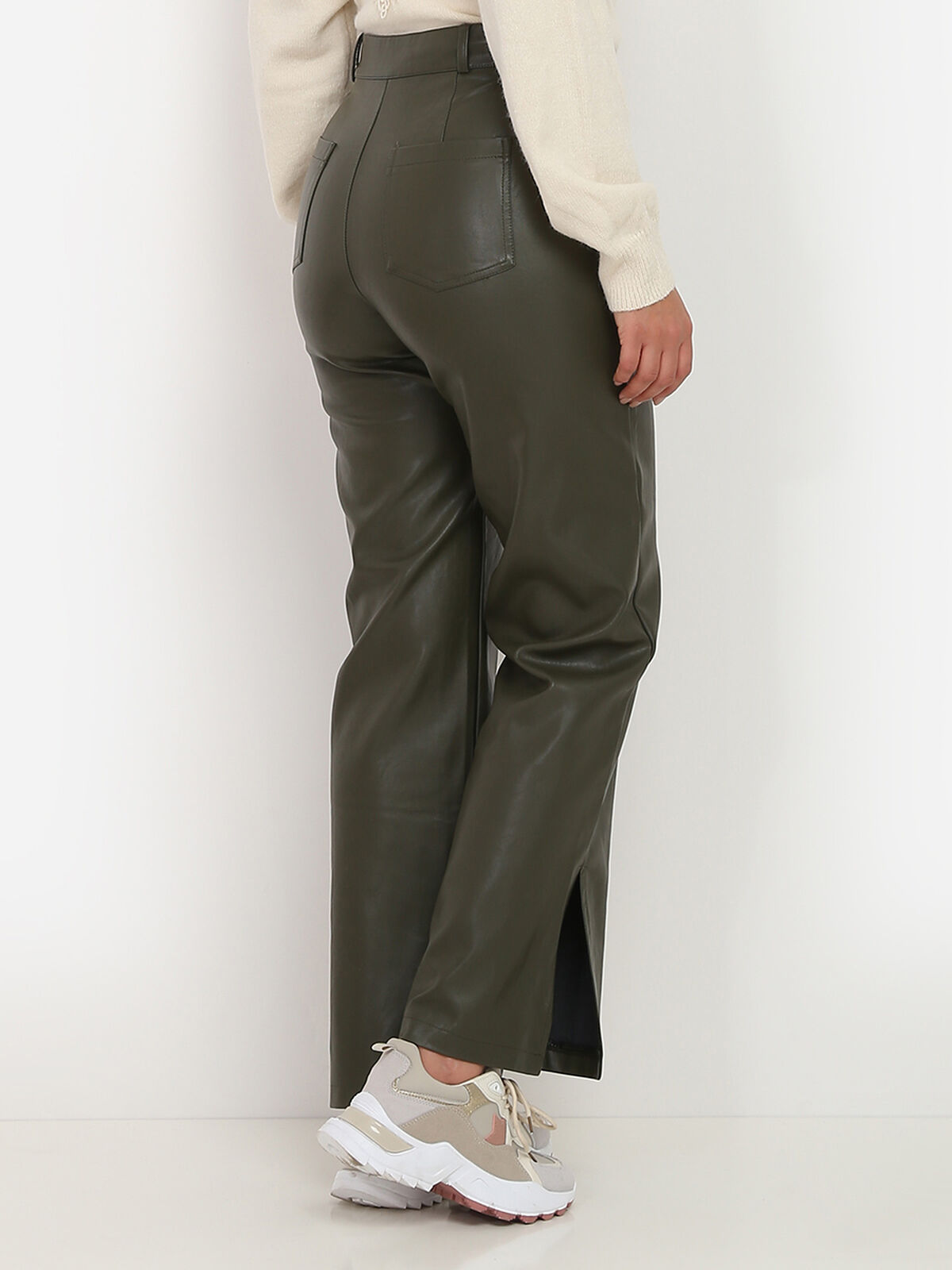 Pantalon large en simili à fentes- Vert