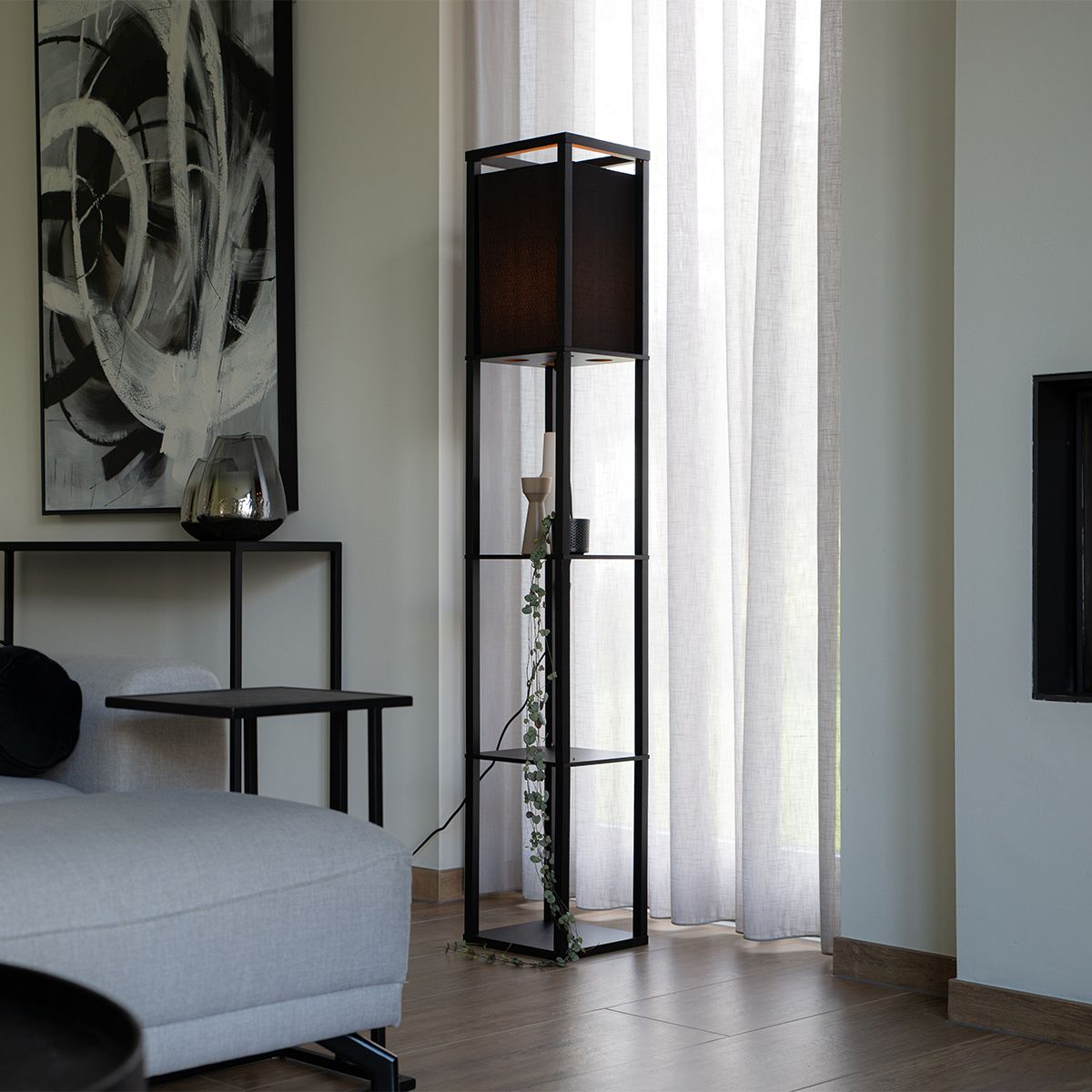 Moderne vloerlamp zwart met stoffen kap - Stojan