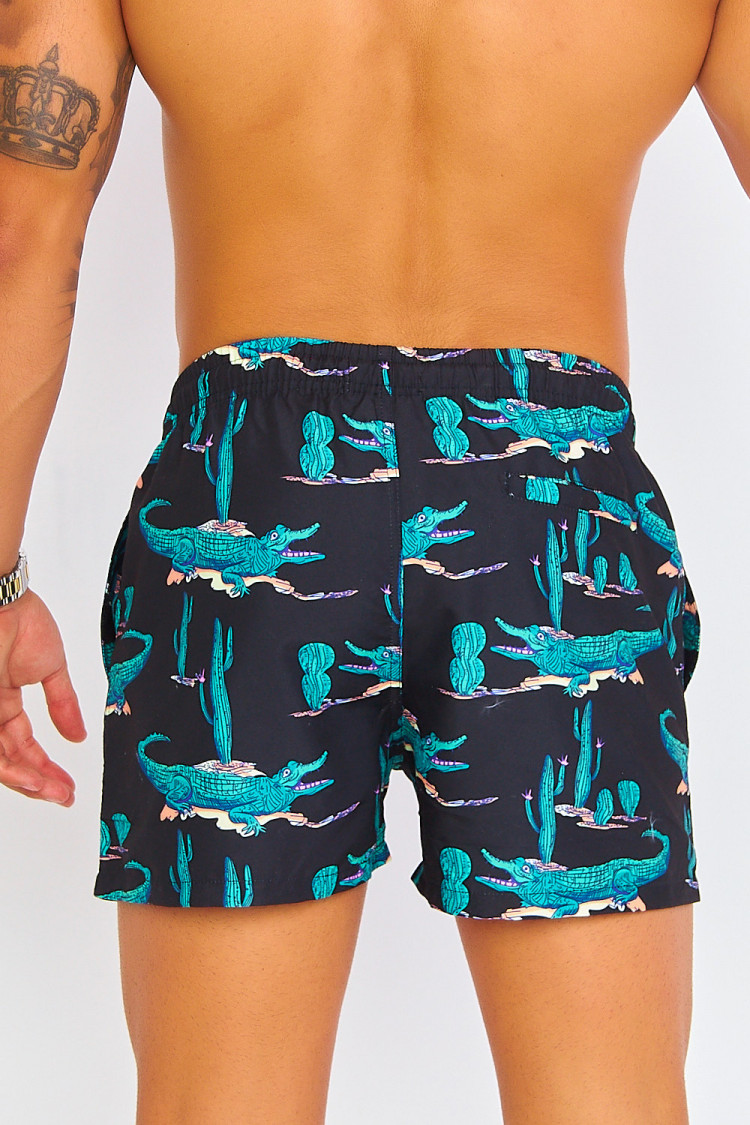 Short de bain noir à motif crocodiles verts